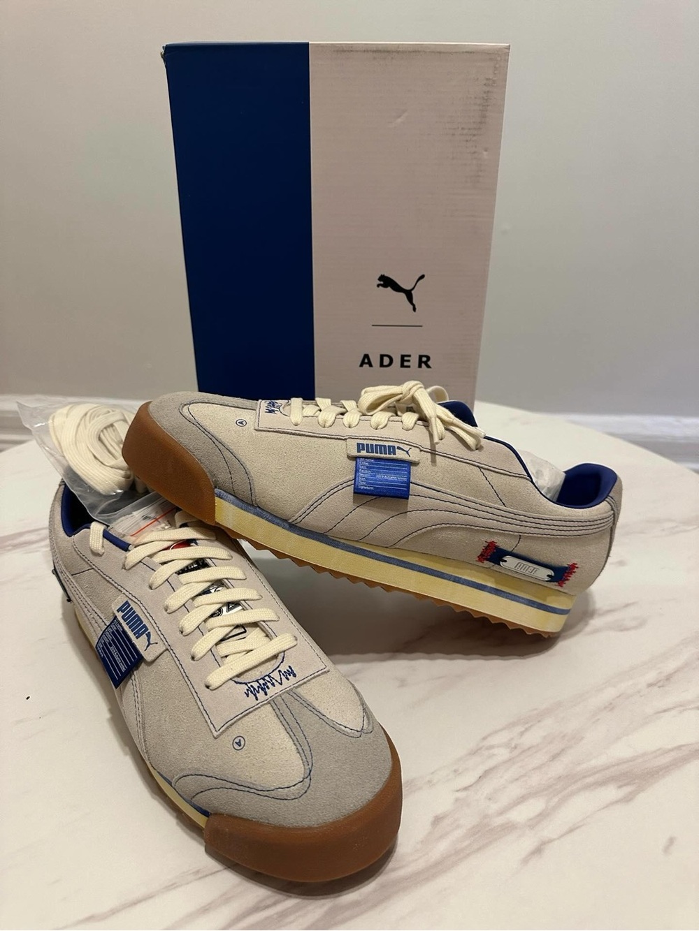 Puma Men’s Cream Suede Sneakers with Blue Accents